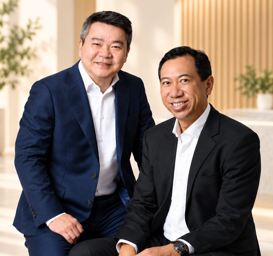 Two professionally dressed men in suits pose together and smile in a bright lobby setting.