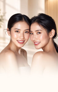 Two Asian women smile toward the camera in a close-up portrait, showcasing radiant, dewy skin indoors.